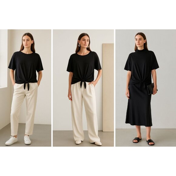Eileen Fisher Black Tie-Front Organic Cotton Top M Minimalist Luxe Quiet Luxury - Picture 1 of 9